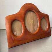 Antique art deco  mahogany wooden triple  frame 22 x 29 cm  convex glass
