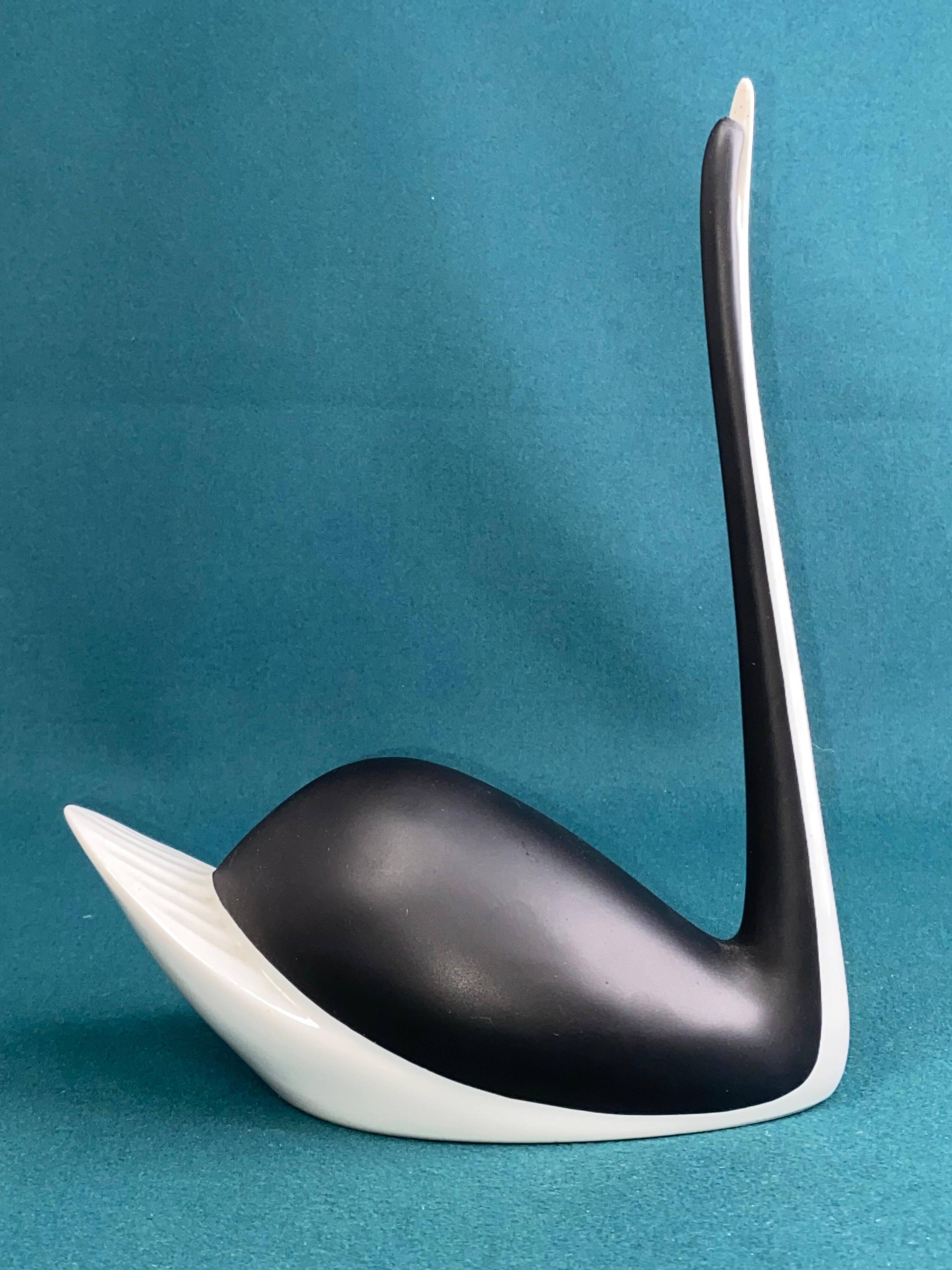 Black and white porcelain swan figurine from Czechoslovakia by Jaroslav Jezek Royal Dux 1960s