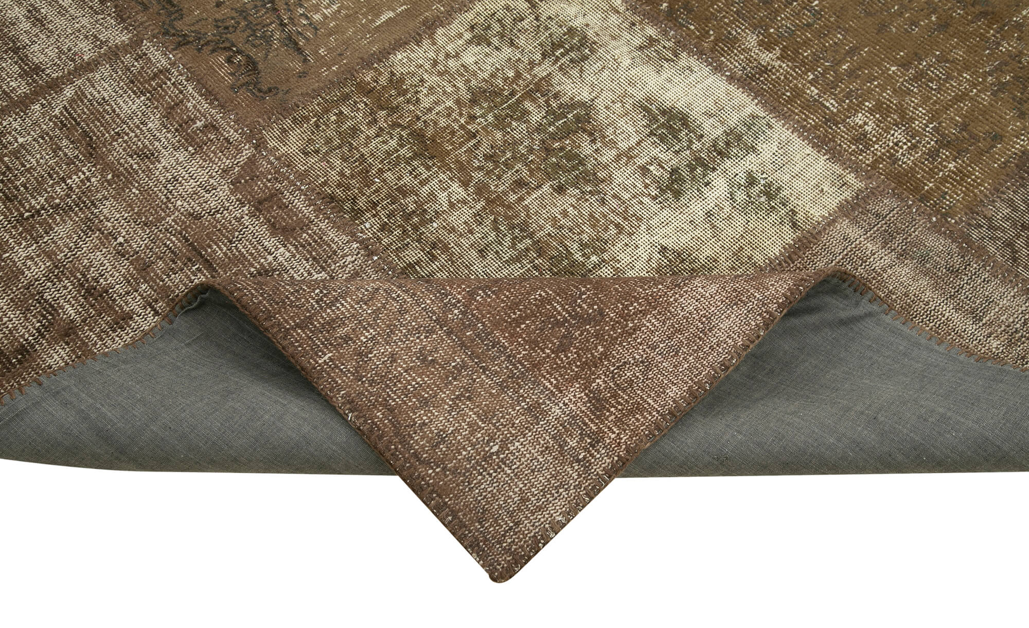 Handwoven oriental overdyed 196 cm x 304 cm brown patchwork carpet