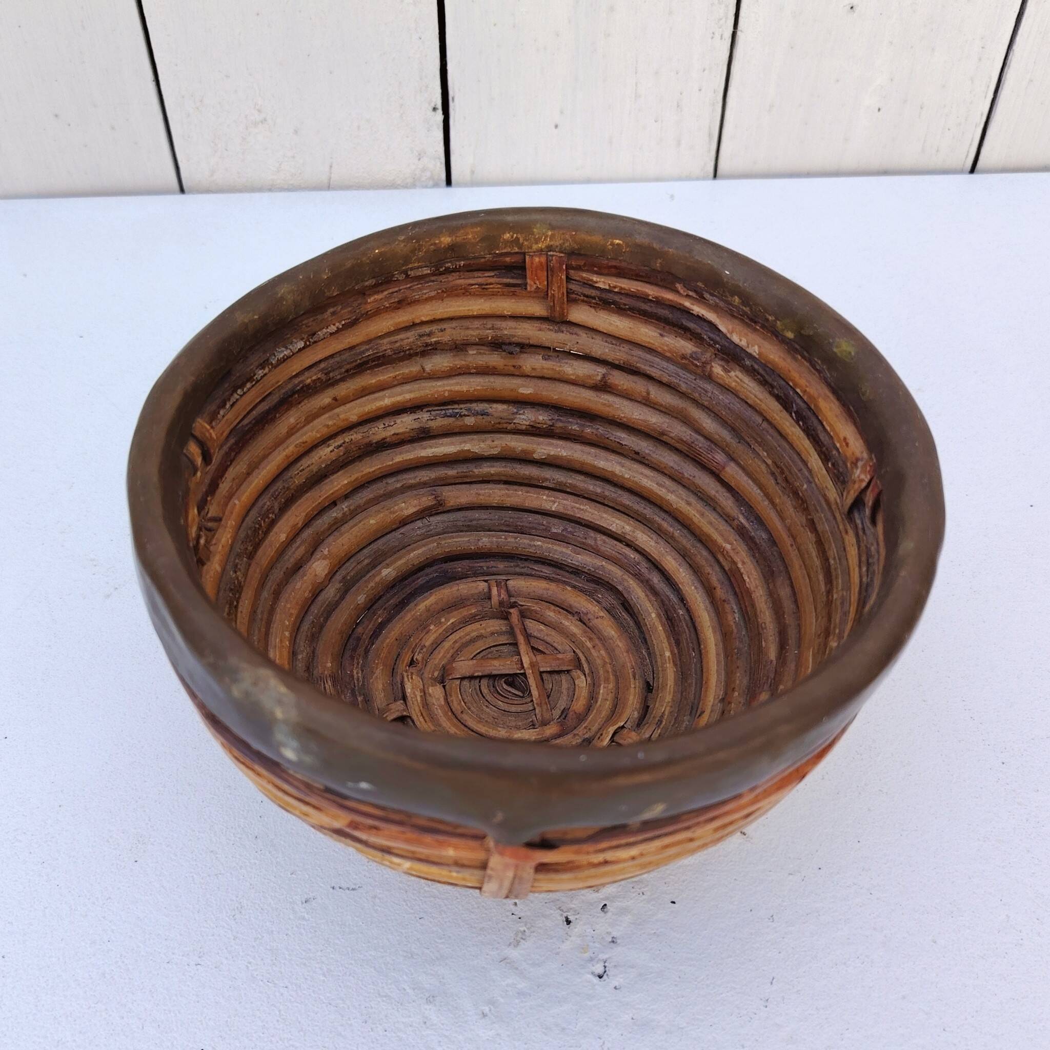 Gabriella Crespi style rattan and brass basket