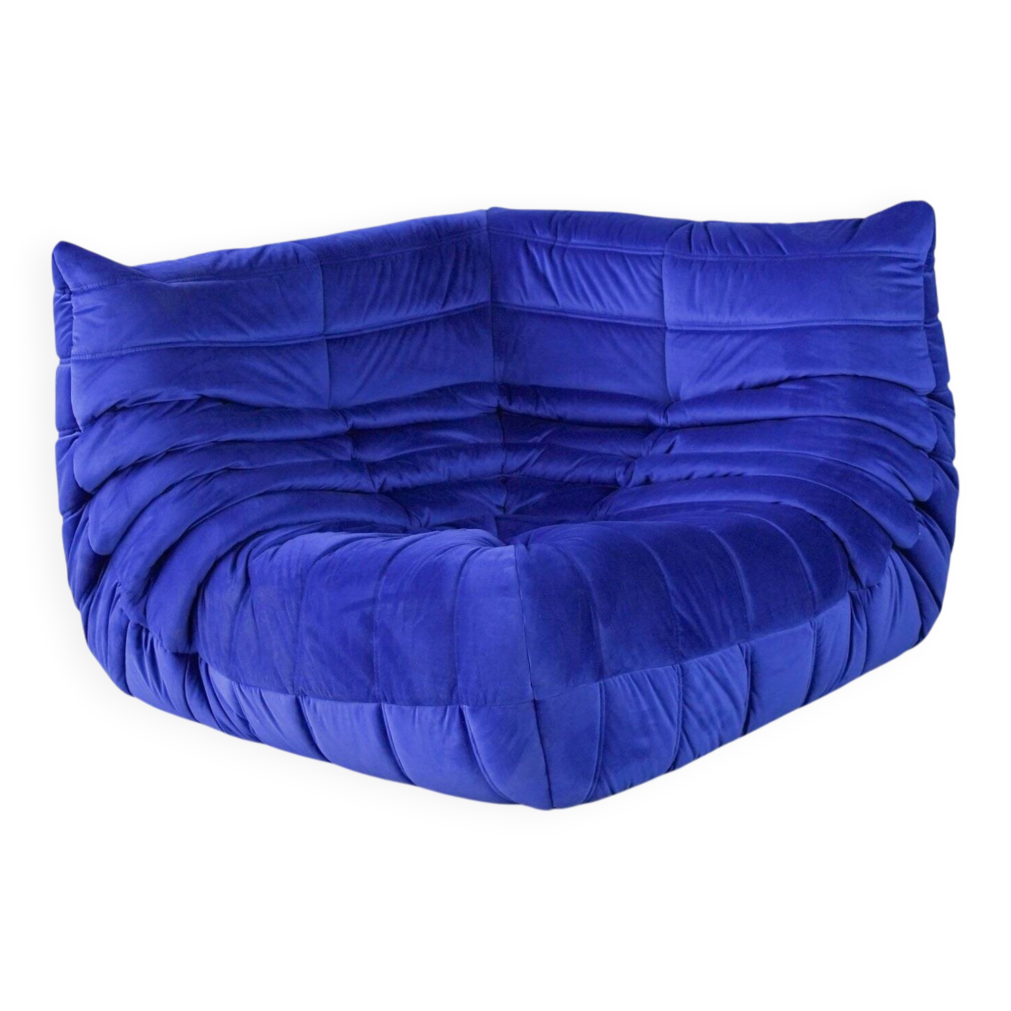 Togo corner chair in blue velvet by Michel Ducaroy for Ligne Roset