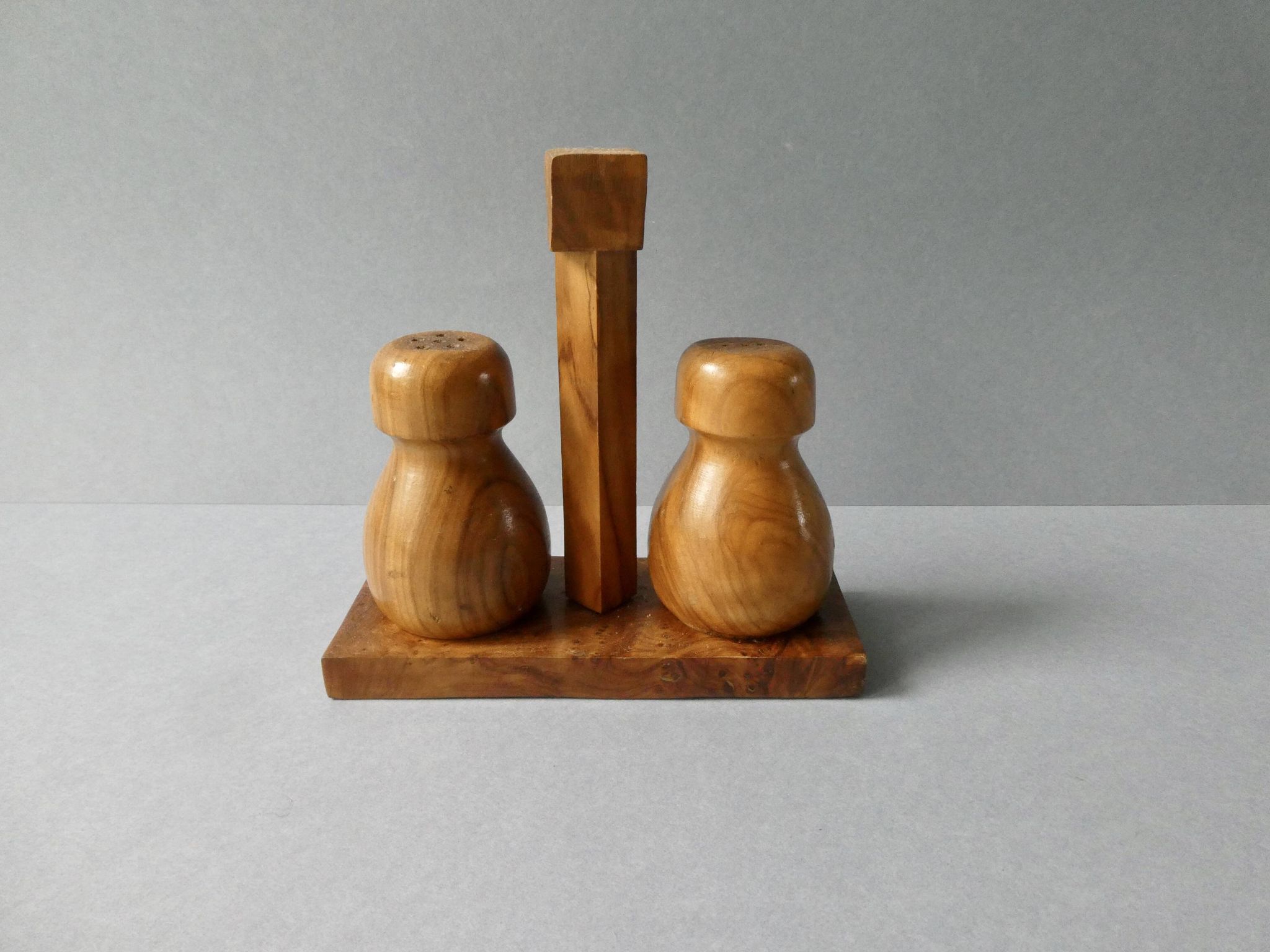 Olive wood and burl salt and pepper shakers, 1970s-80s.
