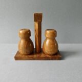 Salt and pepper shakers in olive wood and magnifying glass, 70s-80s