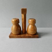 Olive wood and burl salt and pepper shakers, 1970s-80s.