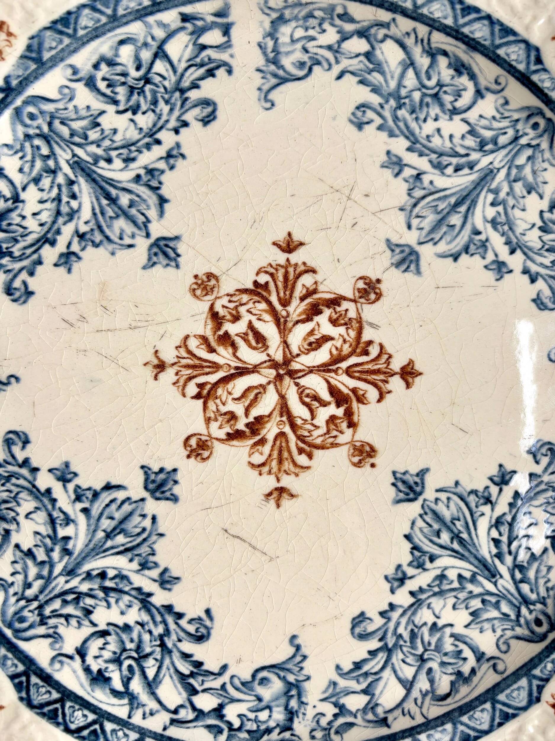 Longchamp square dish in blue and brown ironstone, "Diane" service