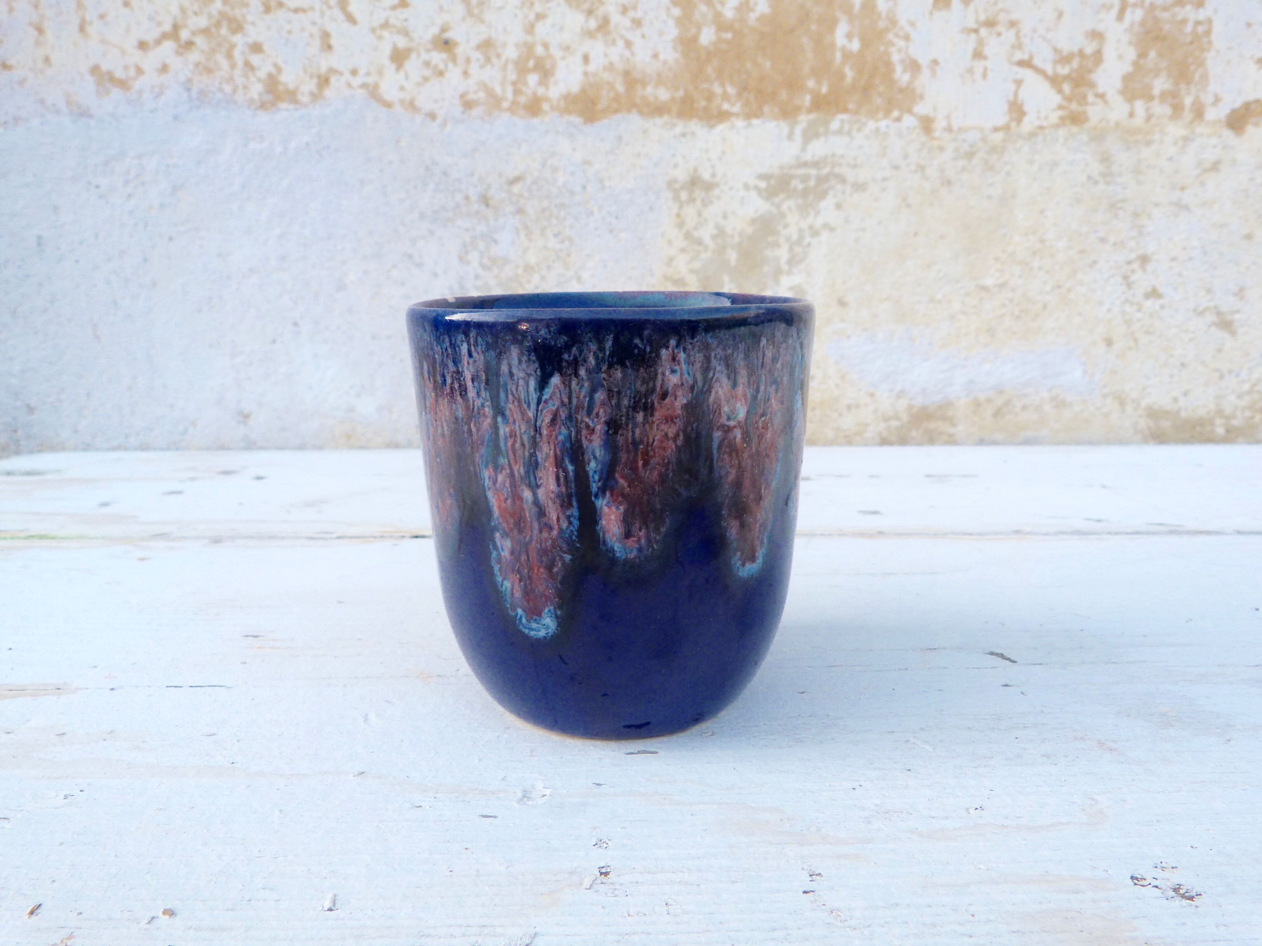 Enamelled dripping Blue ceramic mug