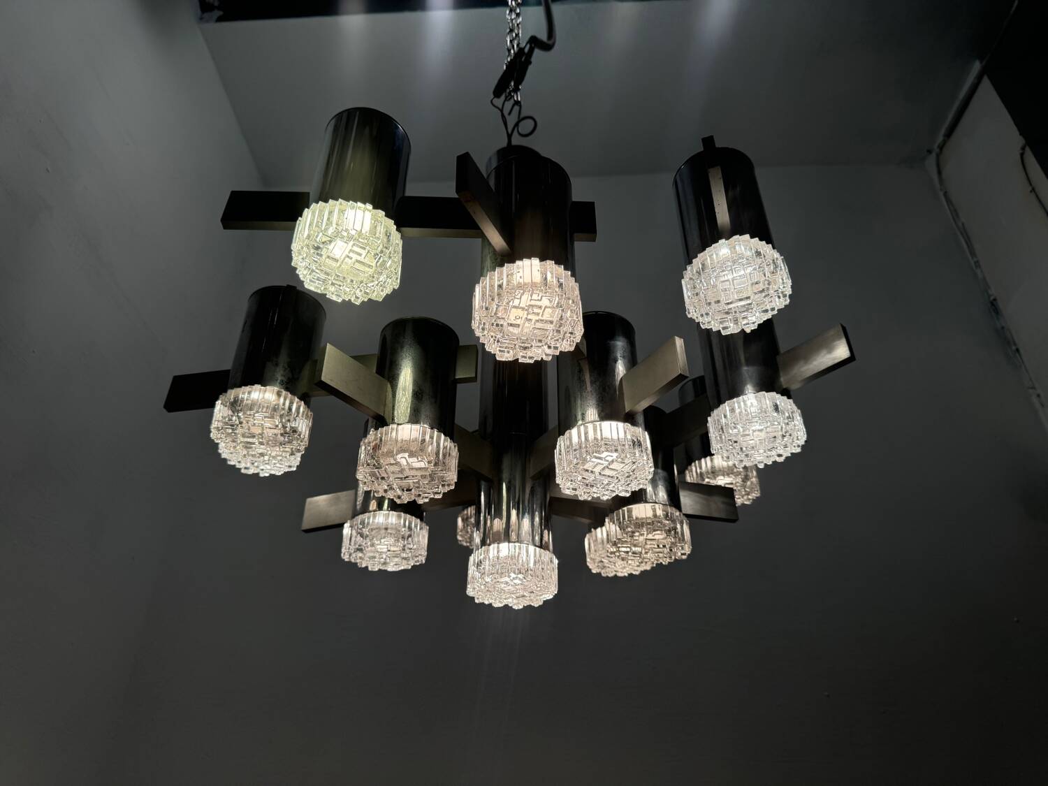 Italian Large Midcentury Chrome Chandelier 15 Lights