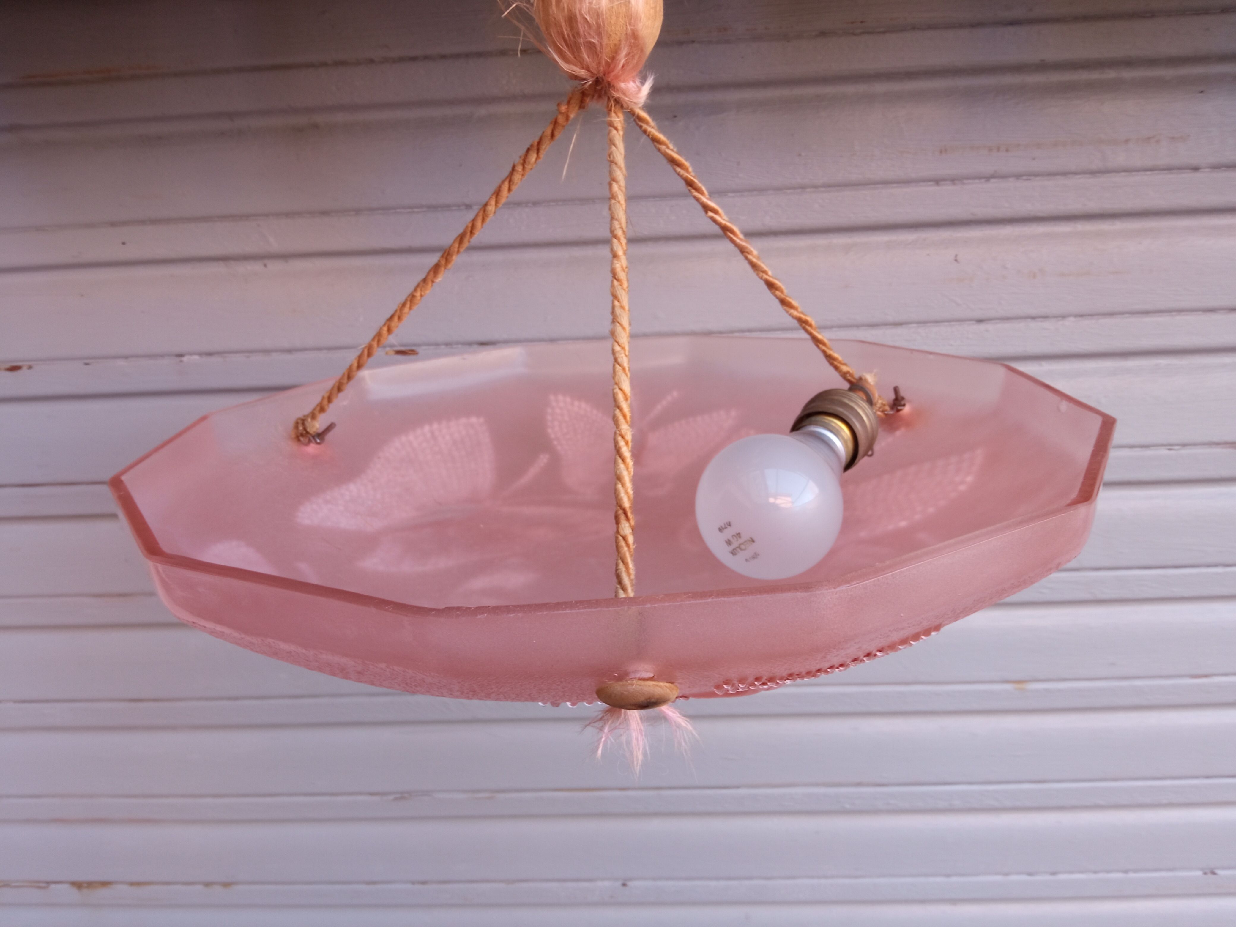 Art Deco ceiling lamp in pink pressed molded glass -
