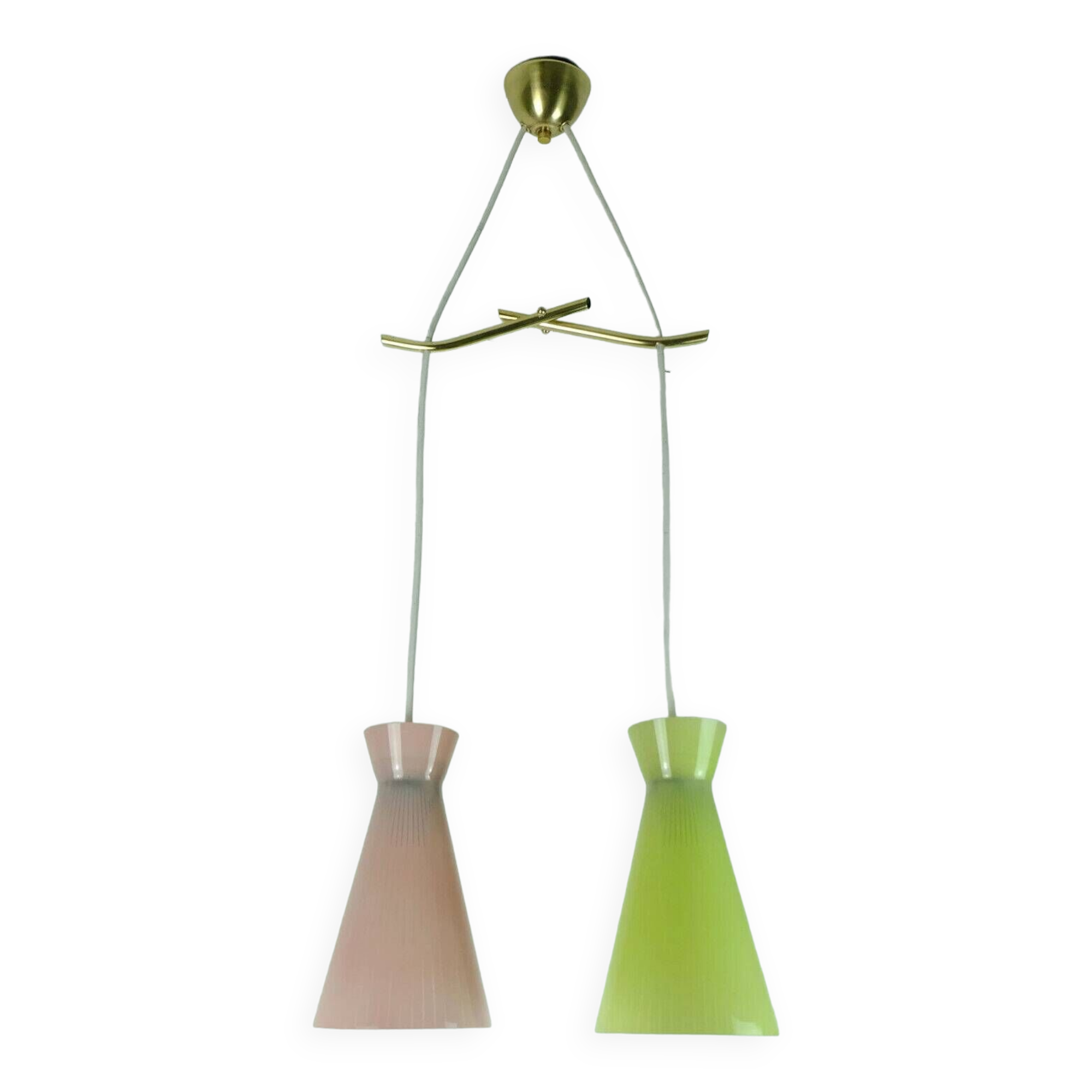 1950s mid century 2-light mid century pendant light glass shades and brass