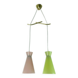1950s mid century 2-light mid century pendant light glass shades and brass