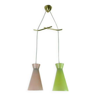 1950s mid century 2-light mid century pendant light glass shades and brass