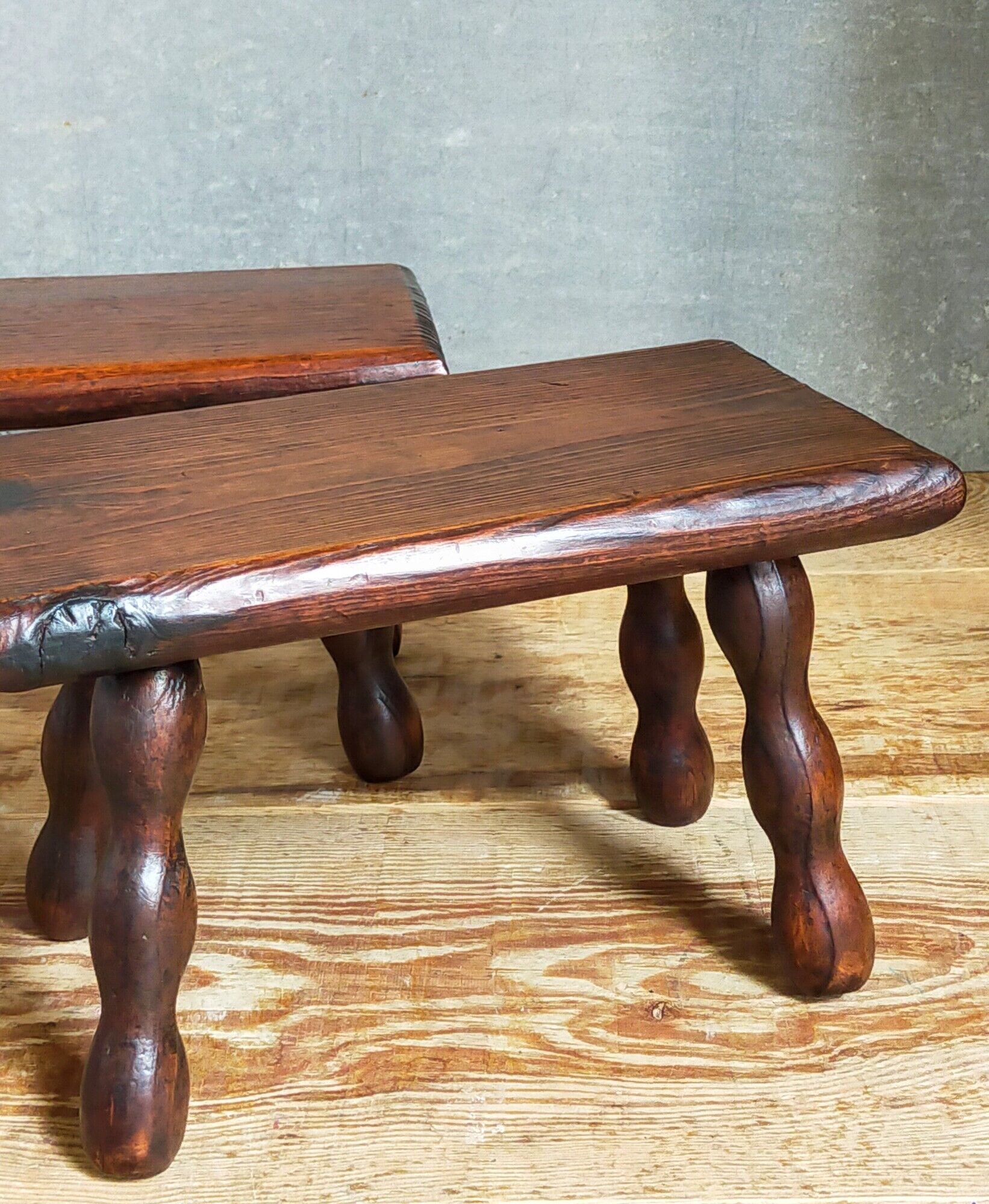 Pair of vintage solid turned wood footstools