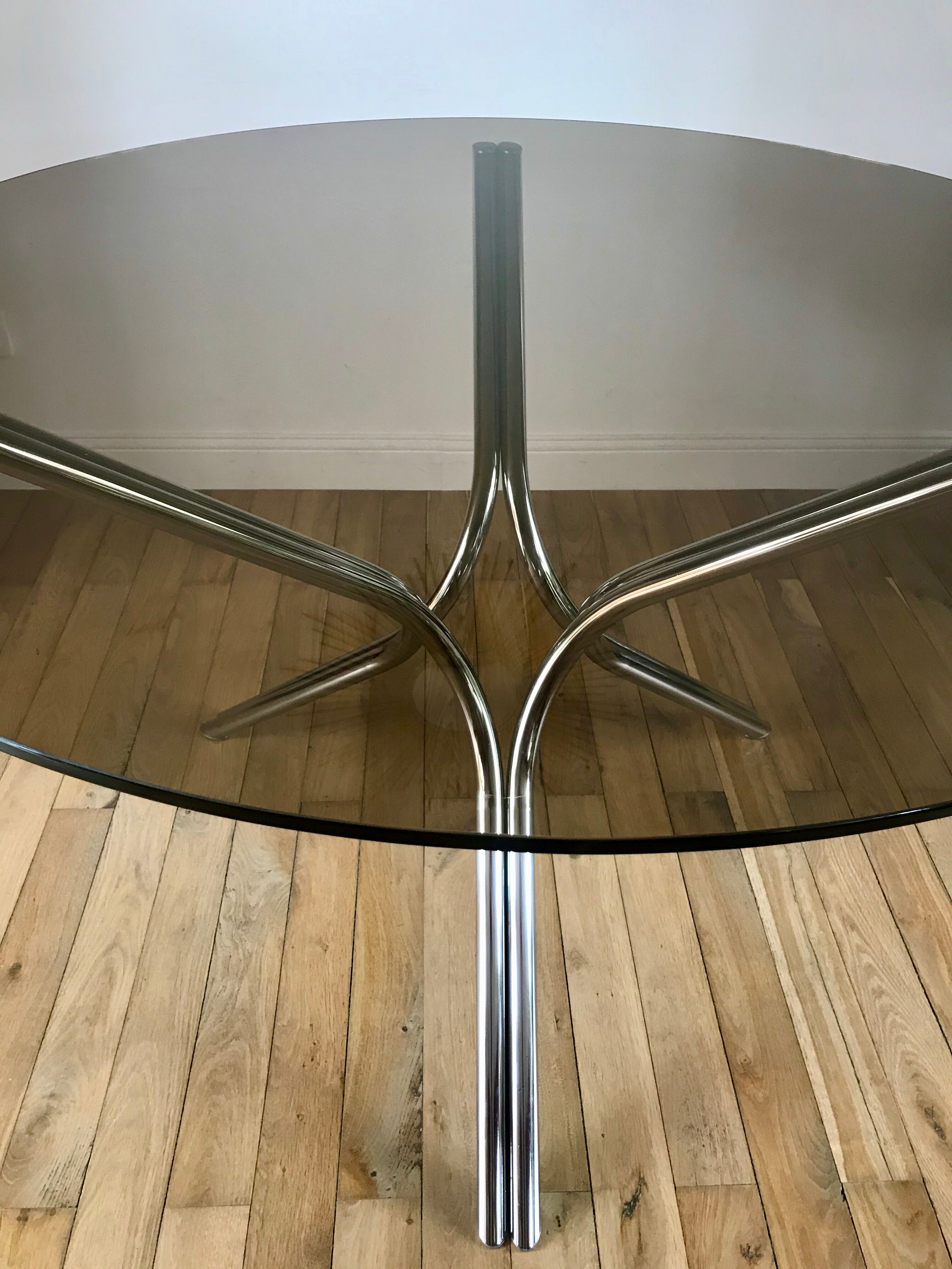 Dining / living table in chrome and smoked glass design 70s
