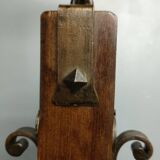 Medieval 2-light chandelier ~ hammered and patinated wrought iron ~ oak ~ 60s ~ France