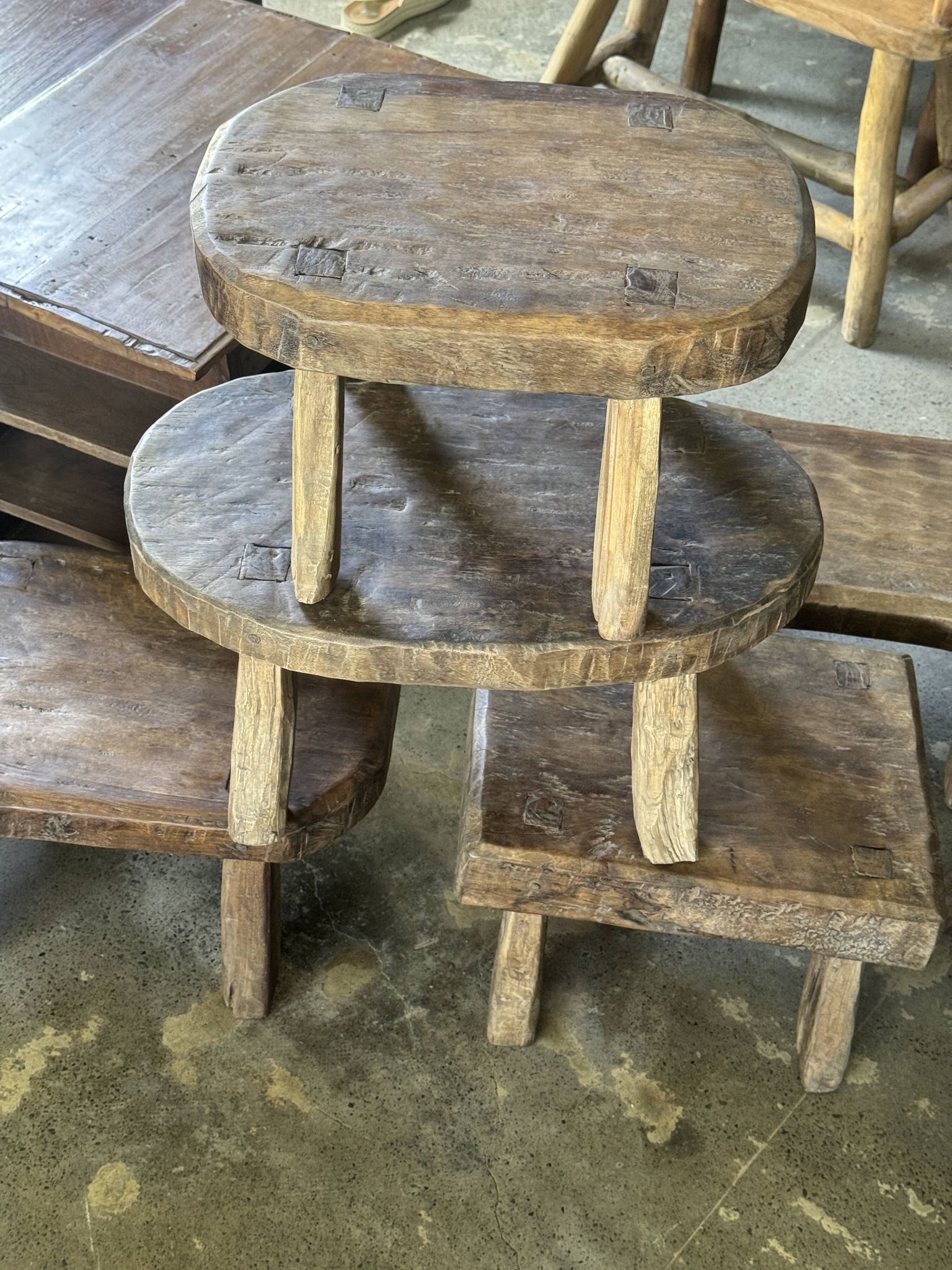 Small stool, oval solid teak accent stool wabi-sabi H26 47x33.