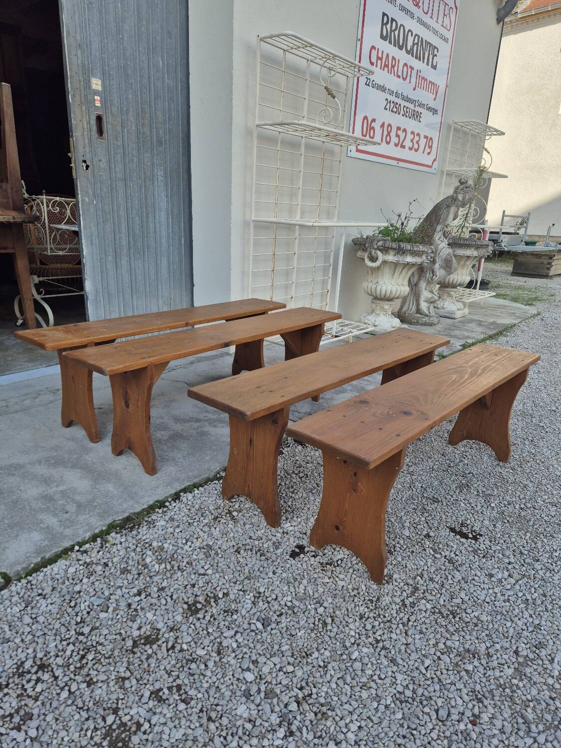 Set of 4 farm benches in old fir 1950s - 1m30