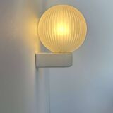 Vintage modernist wall light, white lacquered metal and sandblasted glass, France 1970
