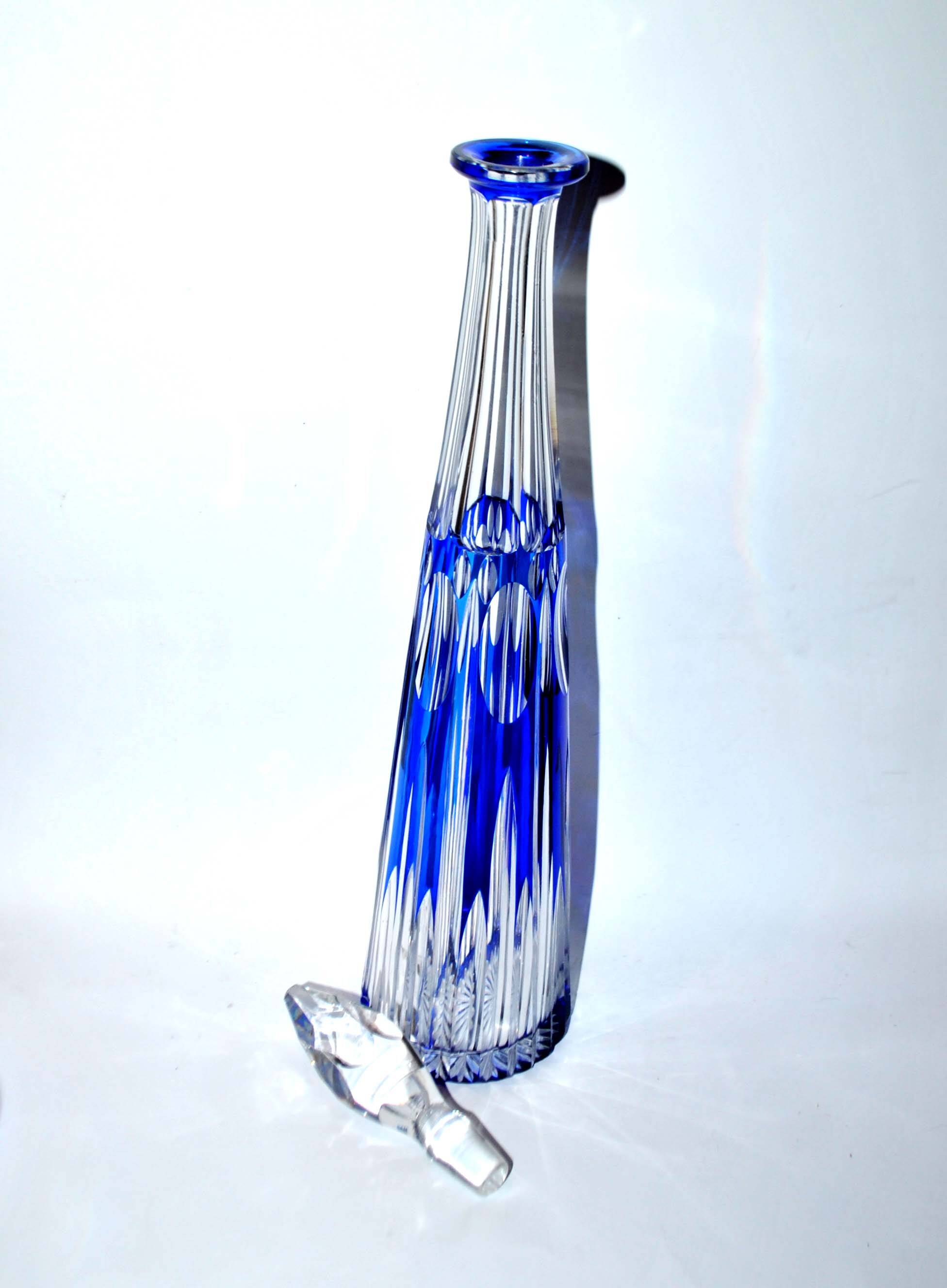 Antique Overlay NELLY carafe in crystal lined with cobalt blue SAINT-LOUIS 1930