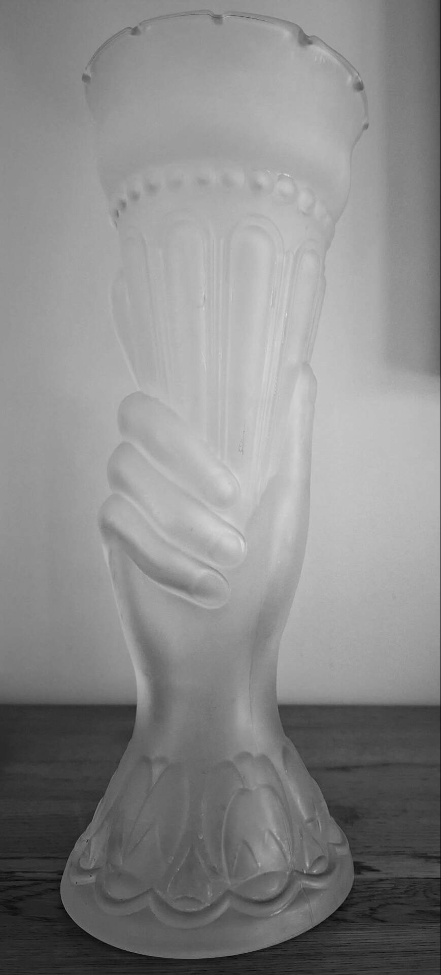 Antique vase "Hand with horn" in frosted glass, Portieux / Legras style.