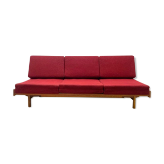 Beech sofa bed & red fabric by Drevotar Czech vintage 1960s