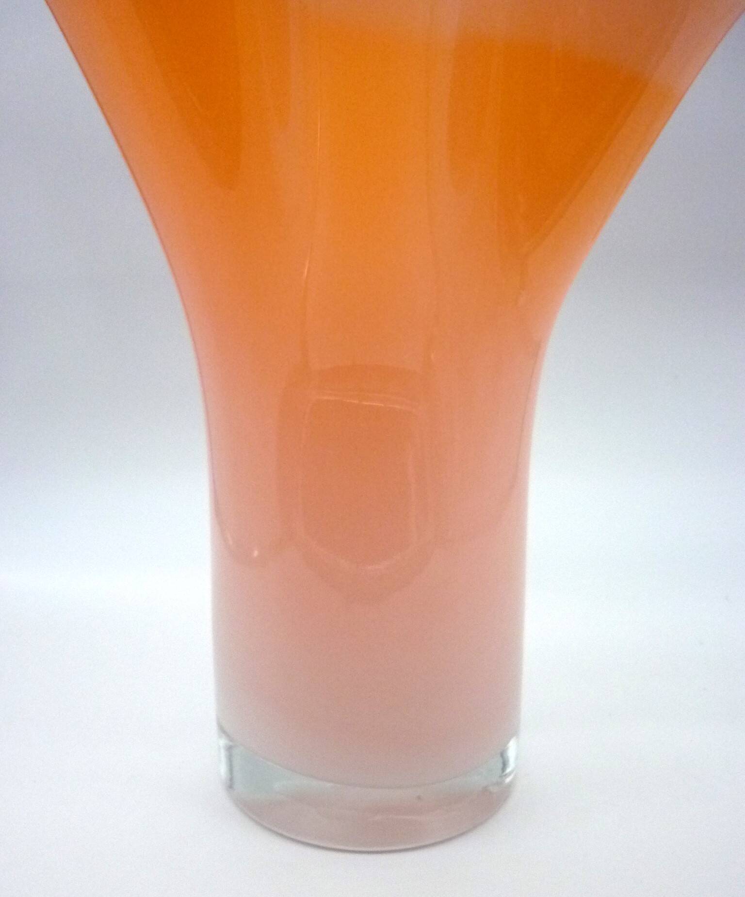 Murano handkerchief vase, blown glass, 1960s design, white and orange.