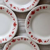 4 vintage porcelain dessert plates with red border and breakfast motif