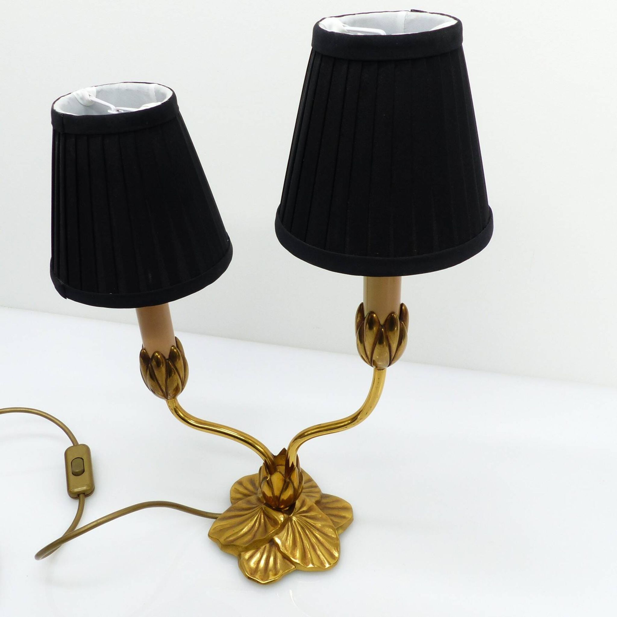 Bronze water lily lamp with two arms, Lucien Gau, France 1990
