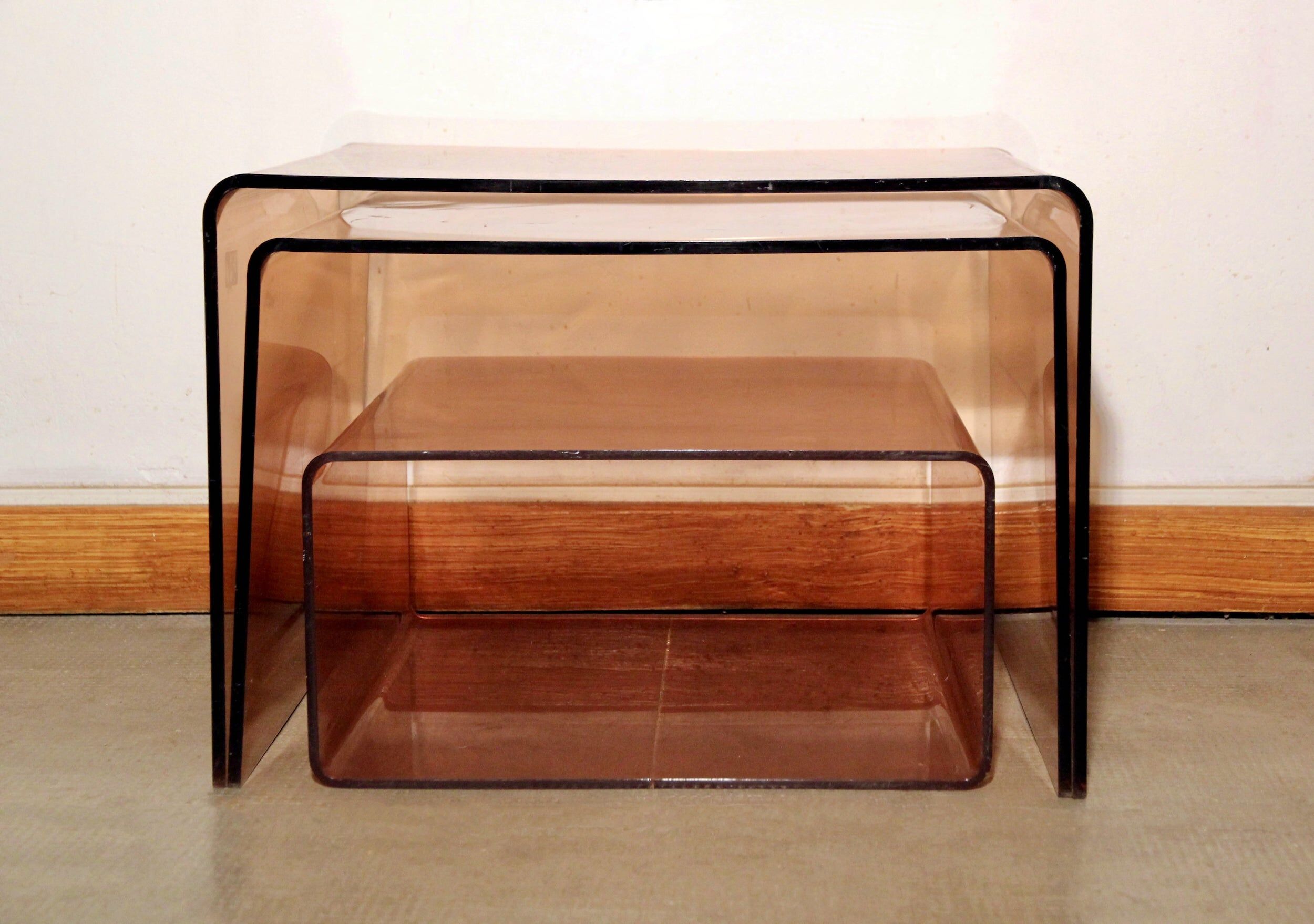 Vintage pull-out coffee tables in smoked plexiglass