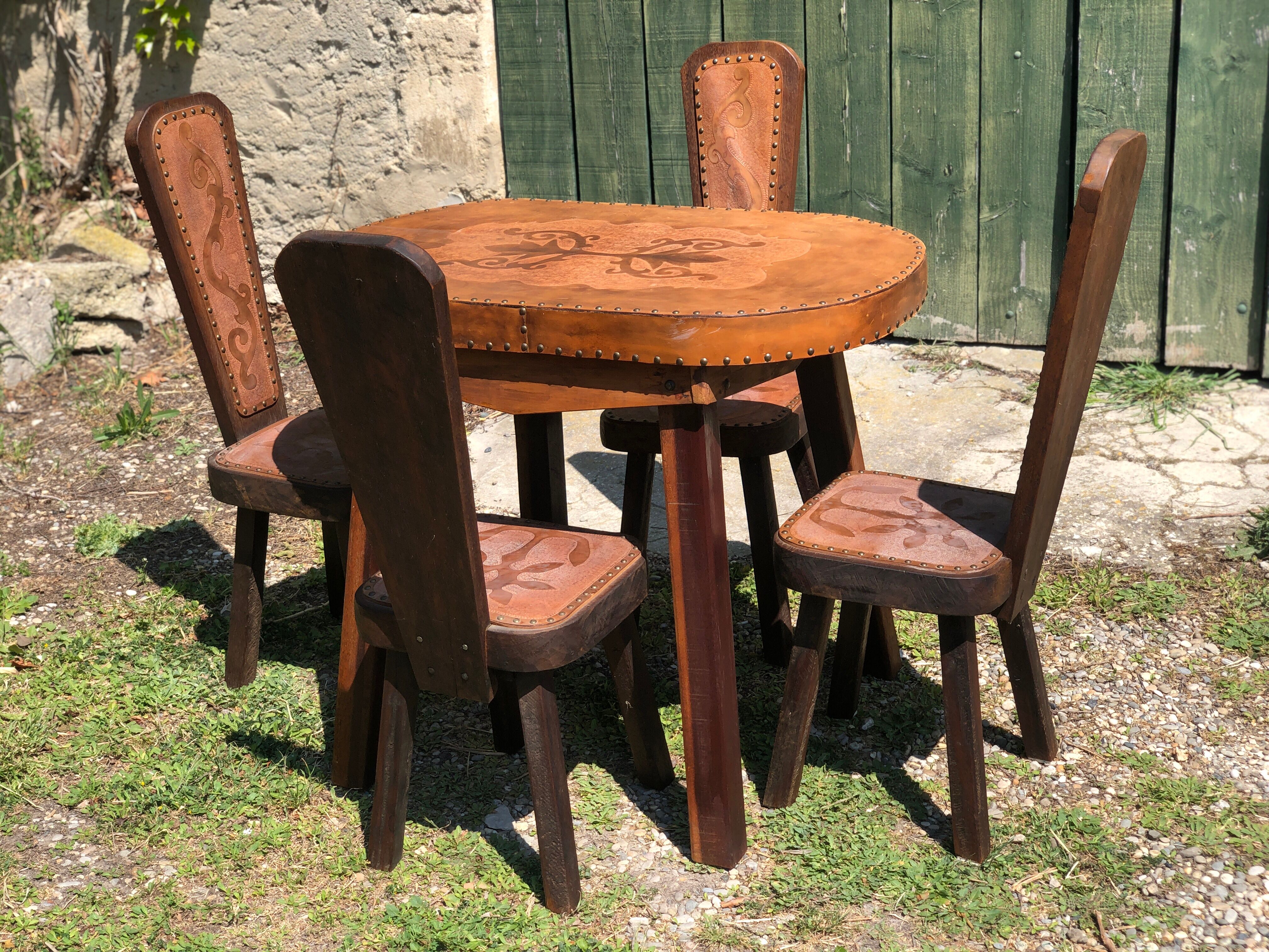 Brutalism oak and leather table and 4 chairs set 1960