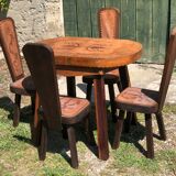 Ensemble table et 4 chaises brutalisme chêne et cuir 1960