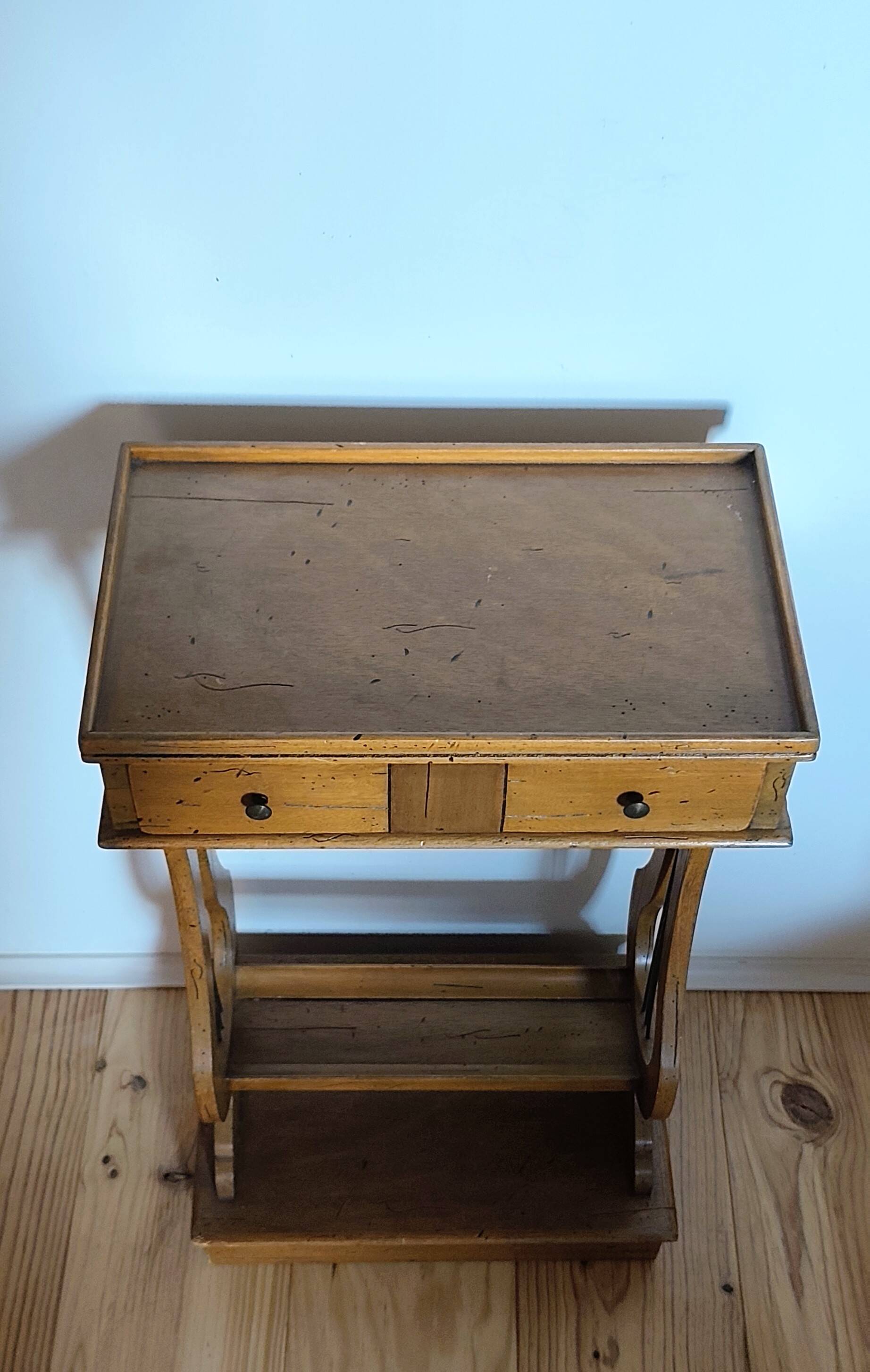 Lyre bedside table, cherry wood, 1960s.