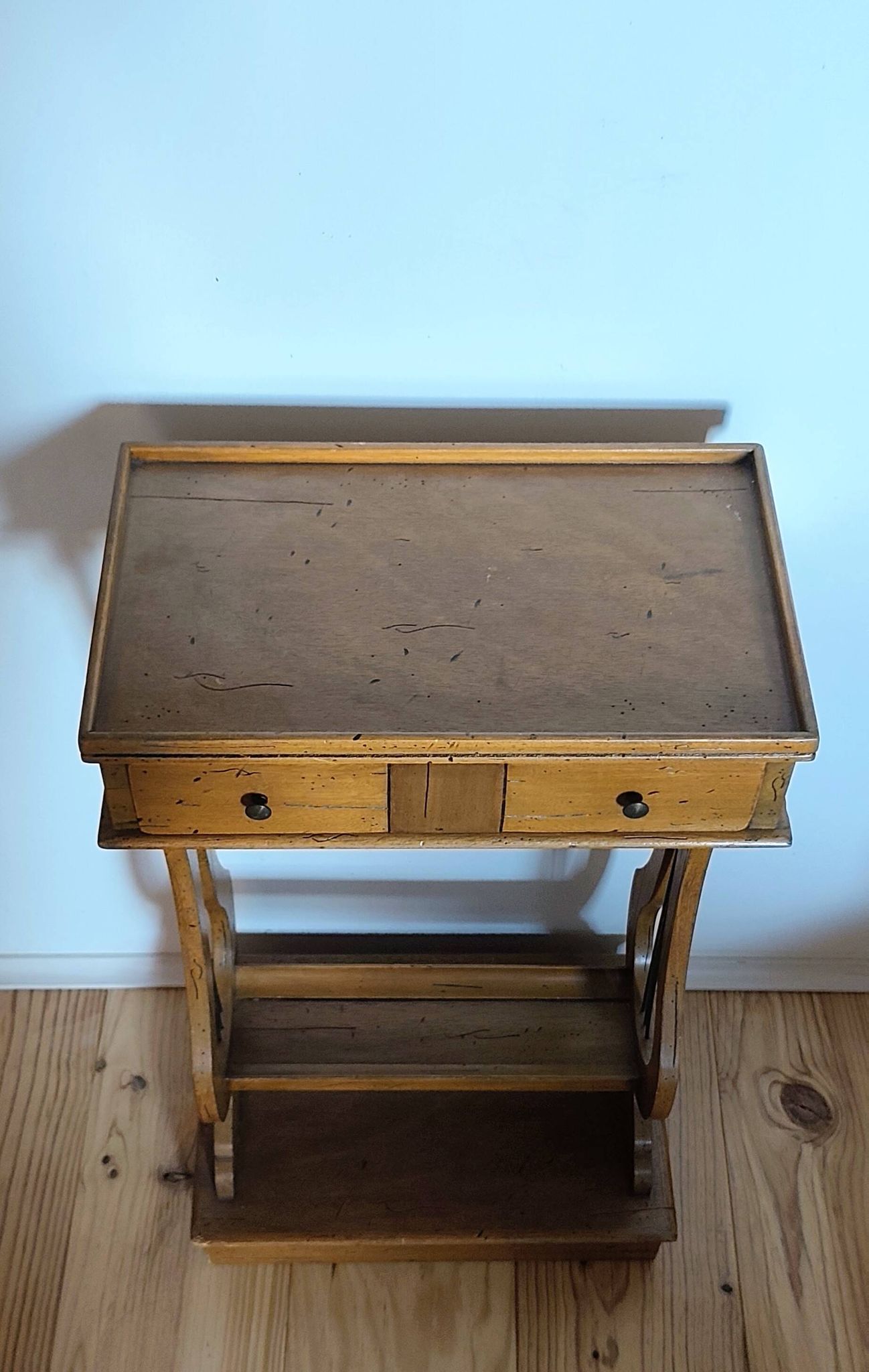 Lyre bedside table, cherry wood, 1960s.