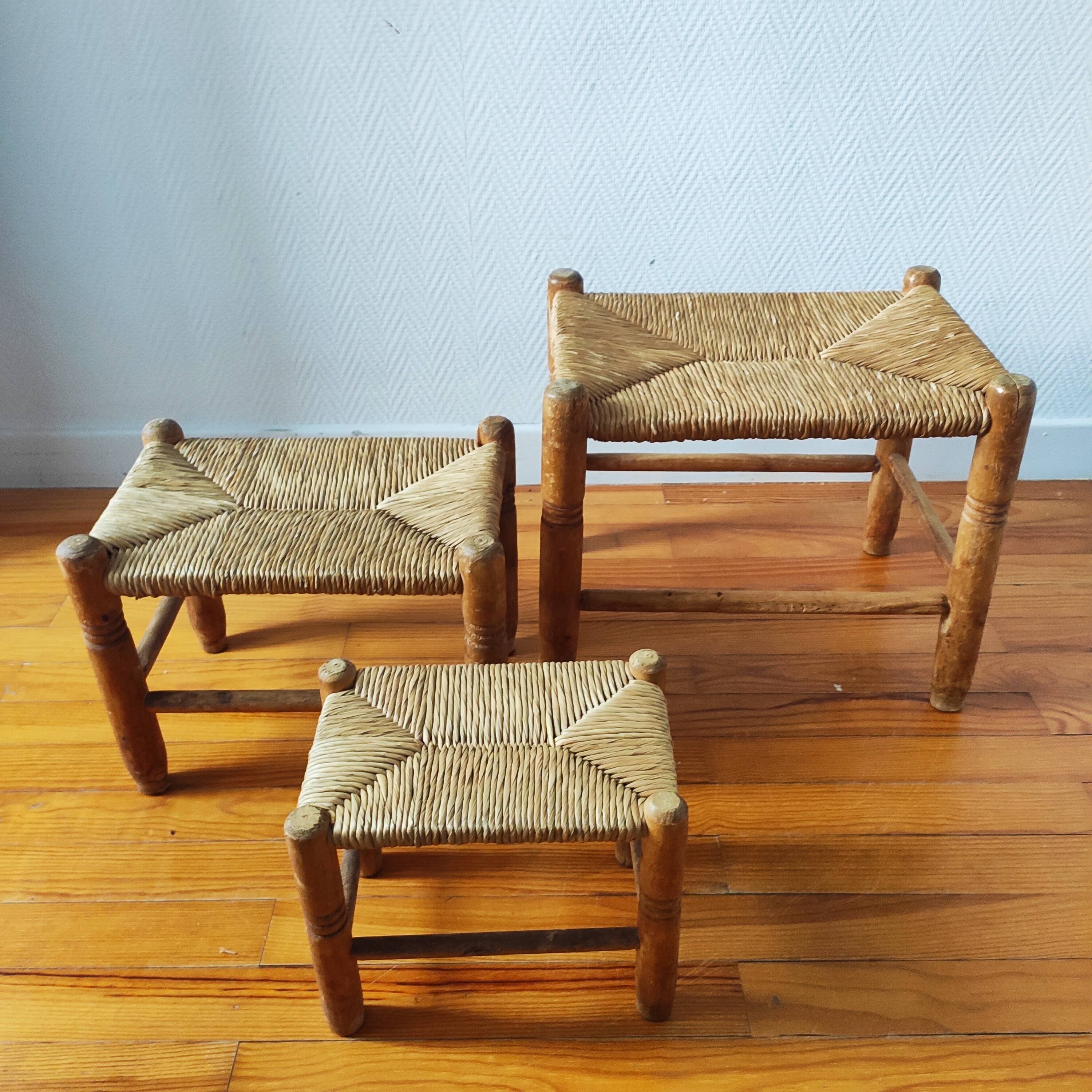 Set of 3 small wooden and straw benches/stools Vintage 60-70s