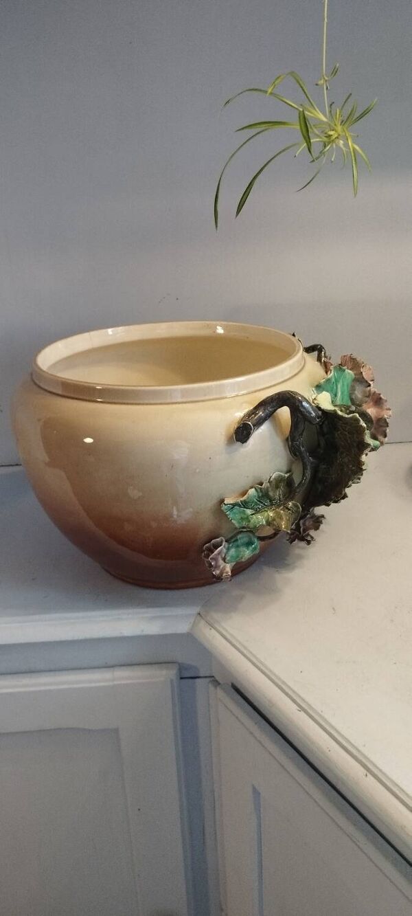 Grand Cache-pot Barbotine Art Nouveau - Décor Pavots Polychrome