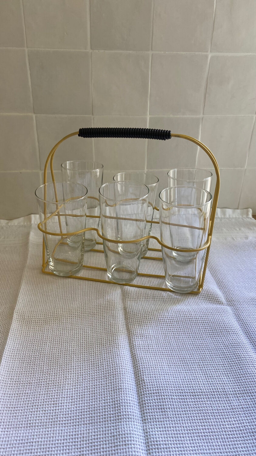 Scoubidou glass holder and its 6 glasses 1960
