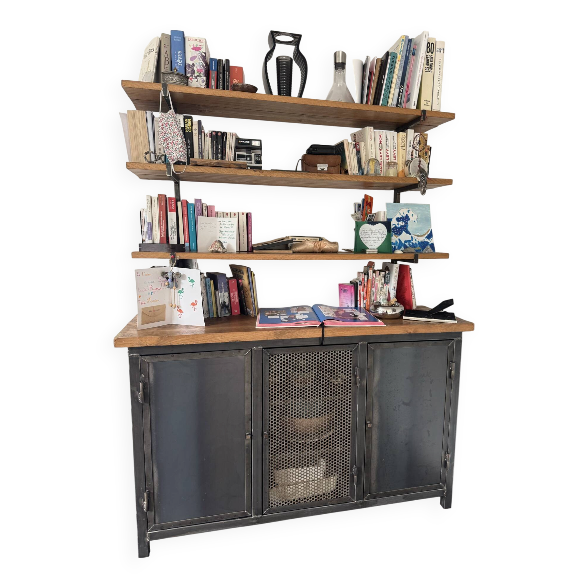Metal and wood shelves and cupboards.