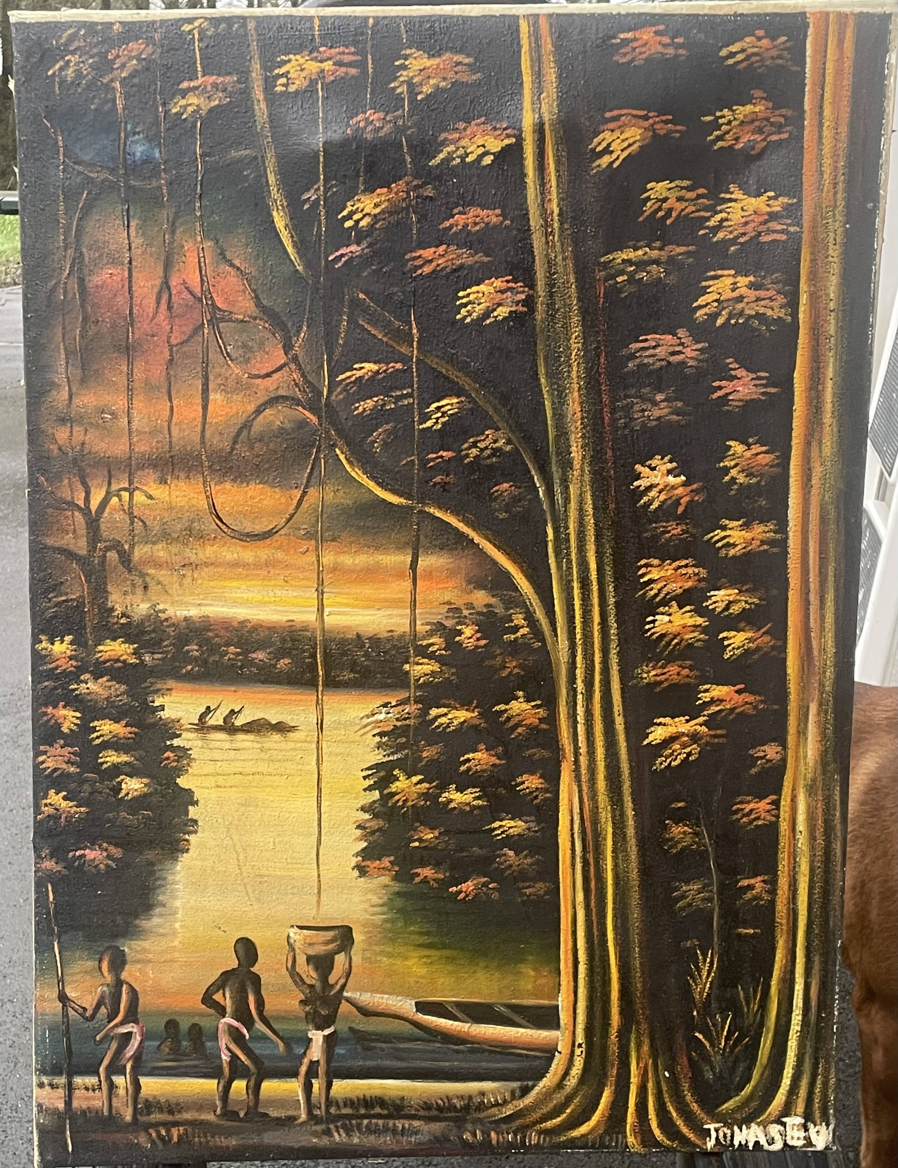 Old african canvas under lively woods in tropical and lush forest signed to identify