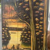 Old african canvas under lively woods in tropical and lush forest signed to identify