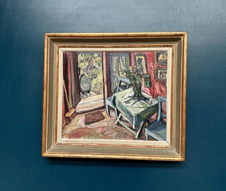 Oil on panel by Swedish artist – "Interior with figure" by Olle Nordberg (1905–1986) – 1944 – vintage and framed – 40×46 cm (15.7"×18.1")