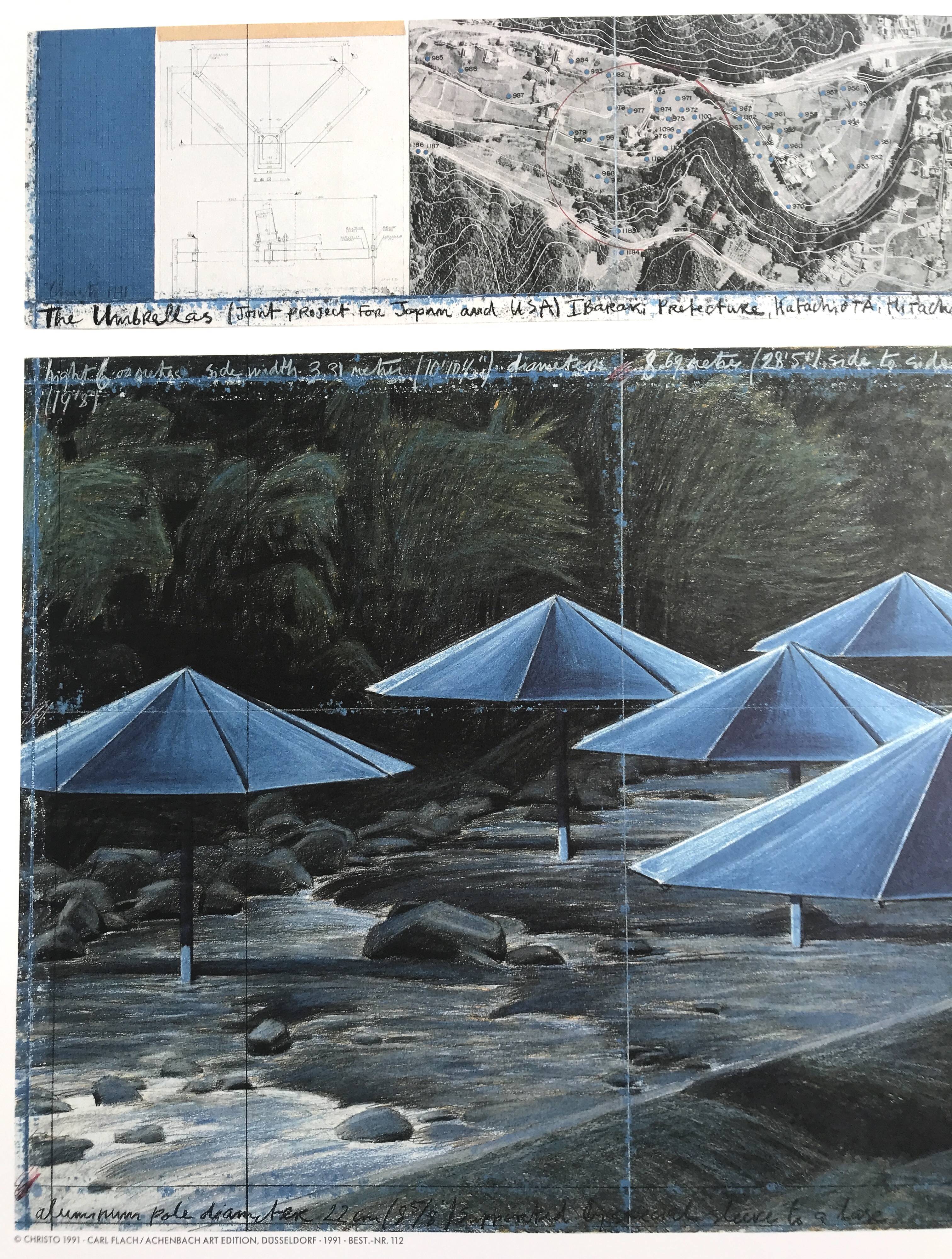 Lithographie sur carton de Christo, Les Parapluies, Japon - Etats-Unis, 1991