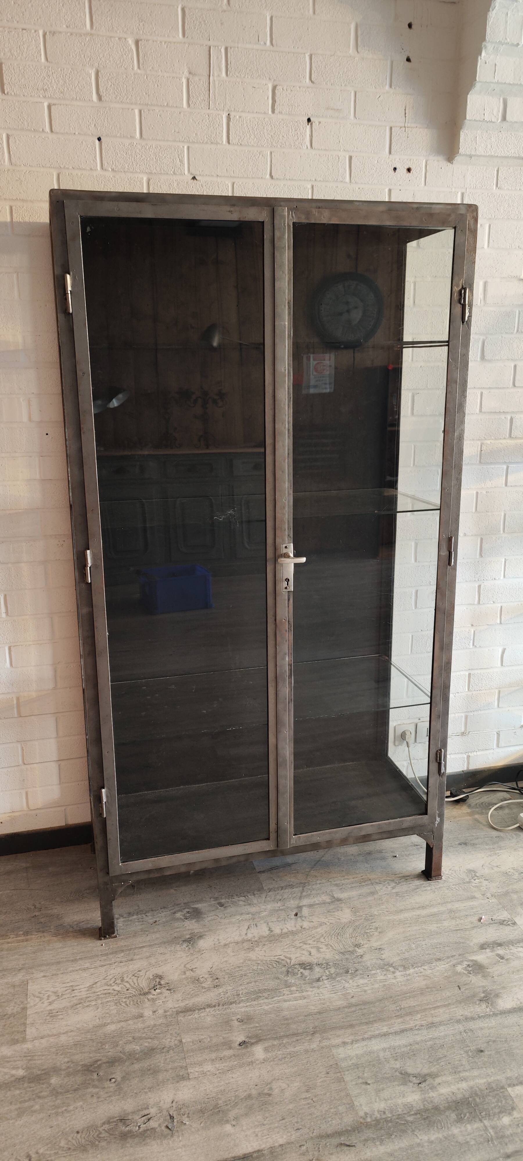 Vintage two-door metal medical display case