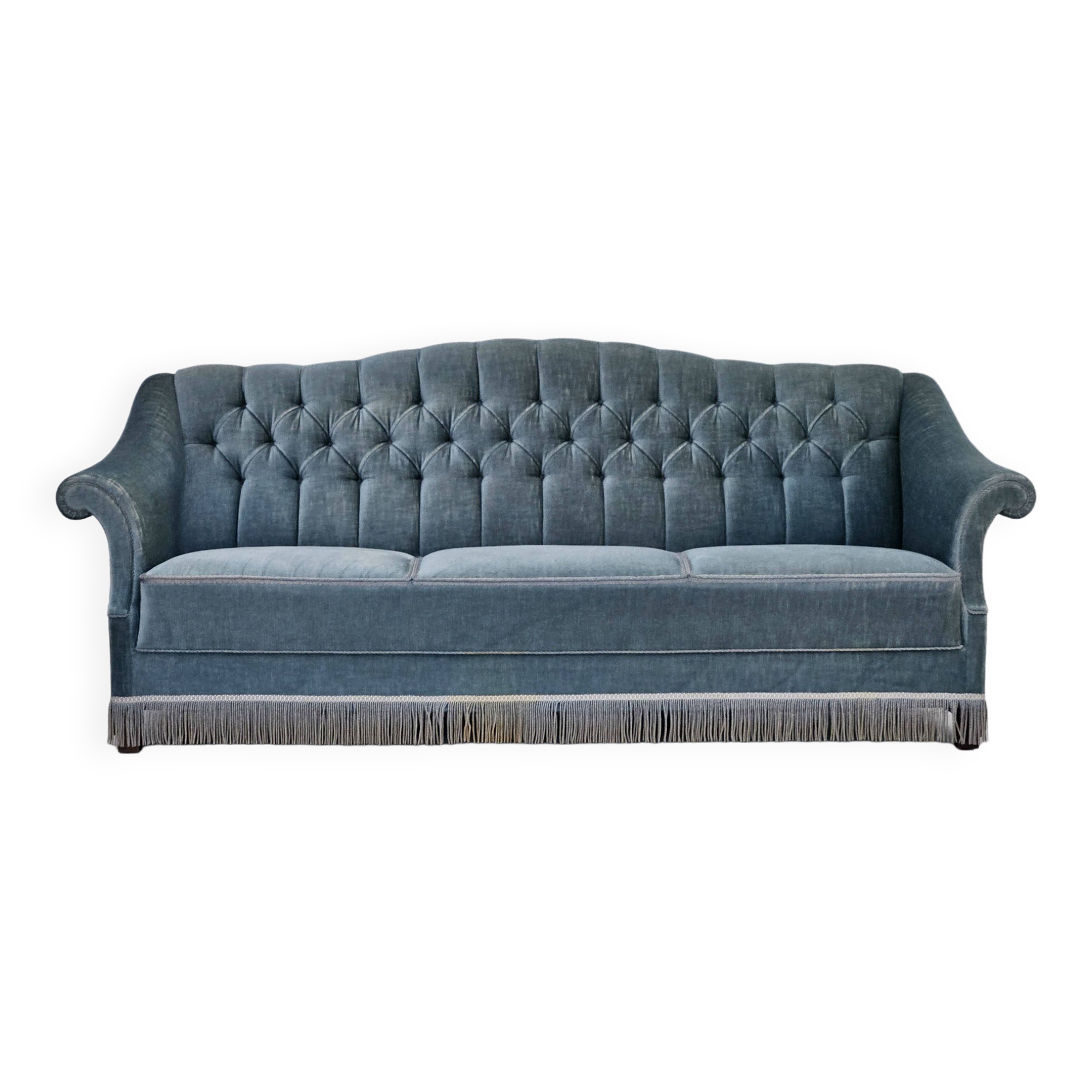 1960s, Danish 3 seater sofa, light blue velour, original good condition.