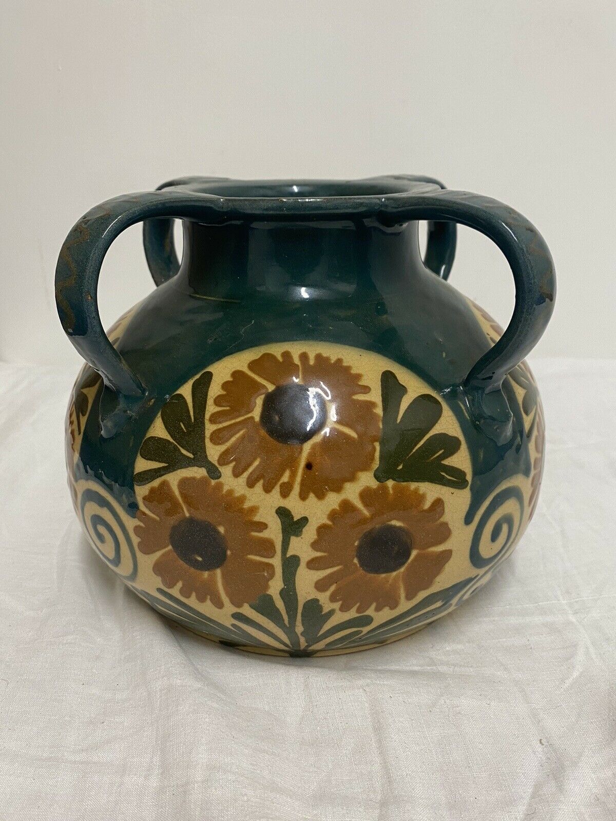 Vase Elchinger ceramic 4 detached handles polychrome floral decoration