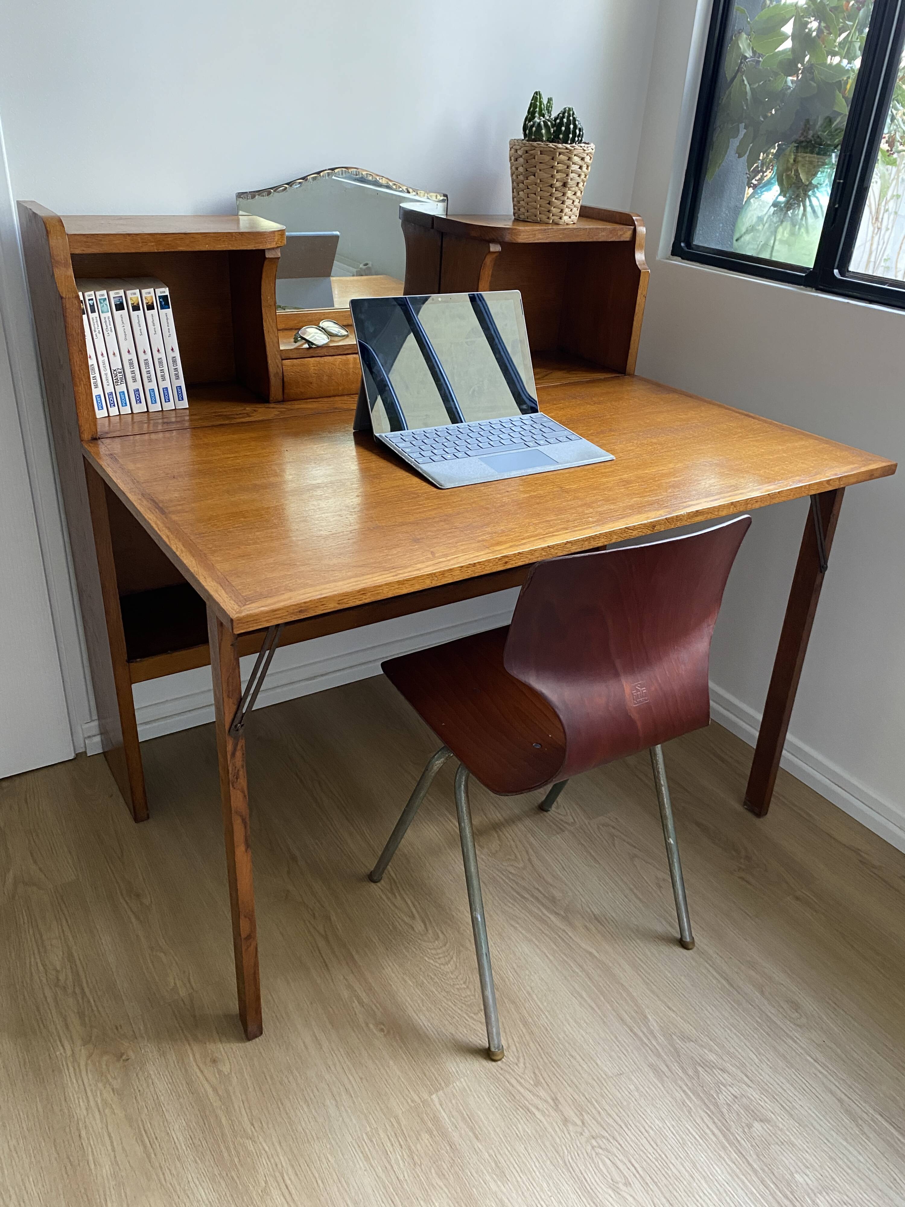 Wooden console table / vintage folding desk with mirror and small drawer
