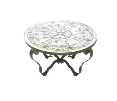 Table ronde année 40 fer forgé et  verre églomisé