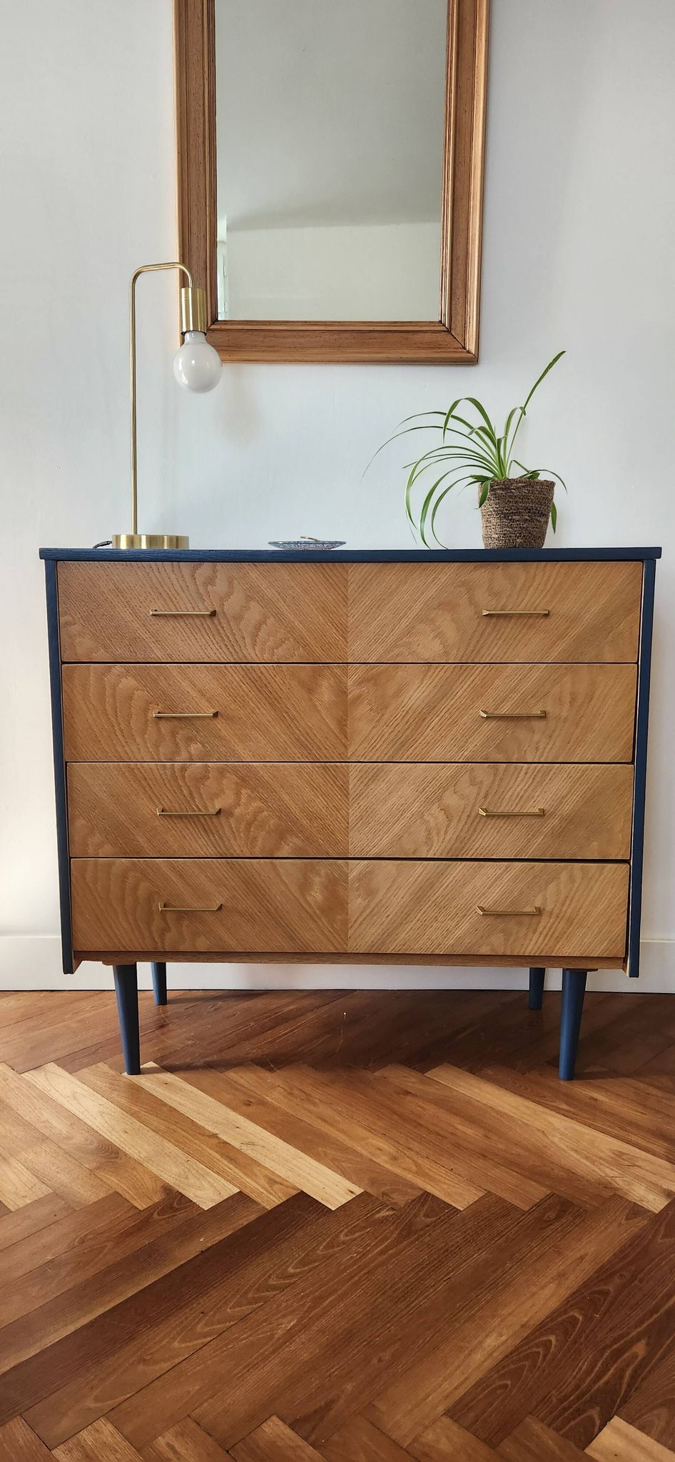 Commode 4 tiroirs bois bleue à chevrons