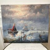 Painting seascape sailboats signed vintage