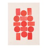 Abstract painting 30x40 geometric illustration in red signed Eawy.