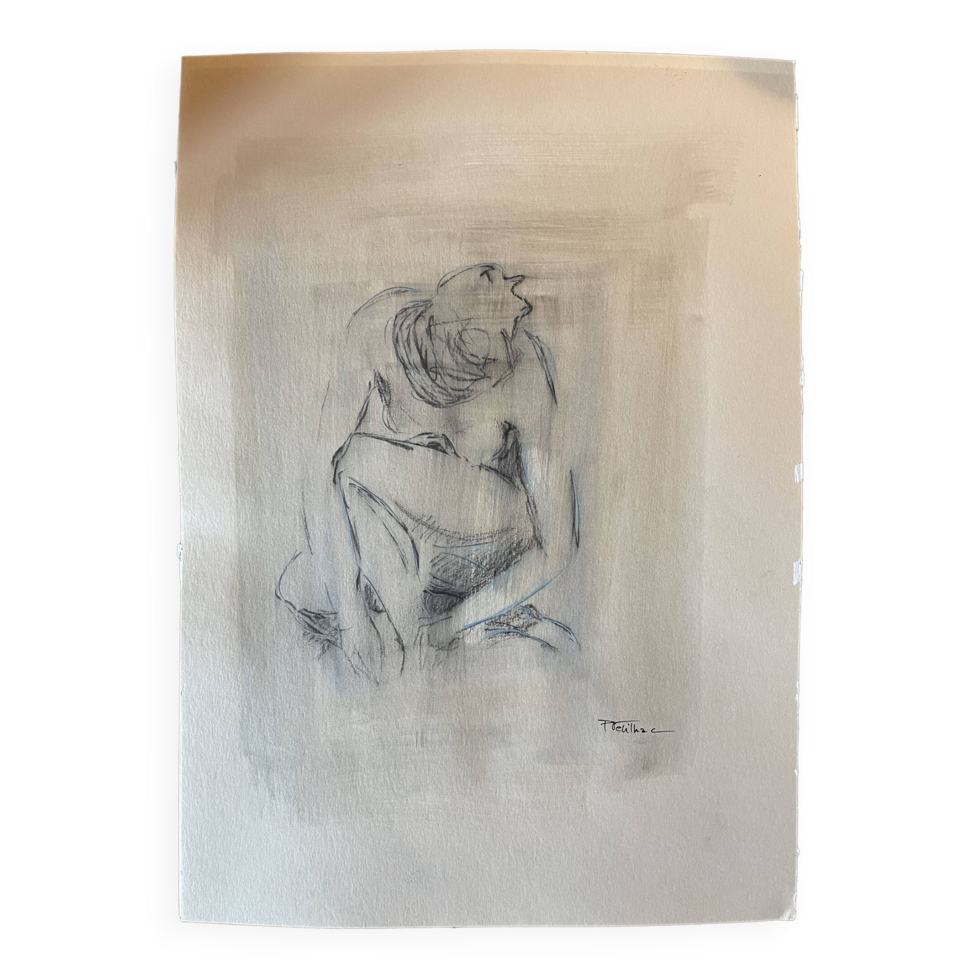 Tableau signé fusain portrait de femme accroupie