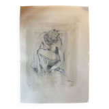 Painting signed charcoal portrait of crouching woman